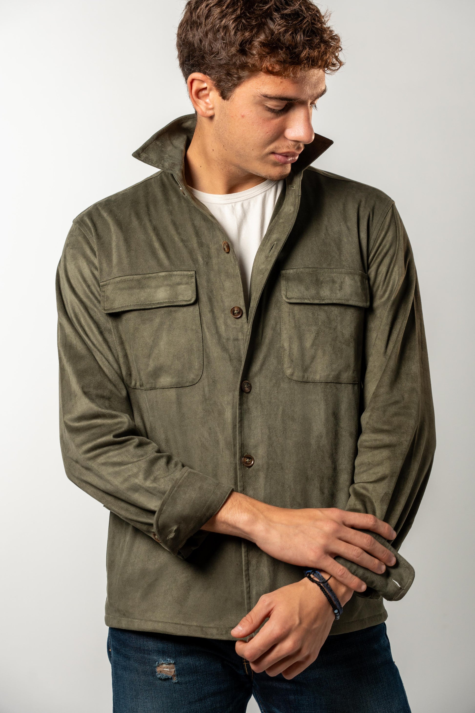 Faux Suede Overshirt | Khaki Green