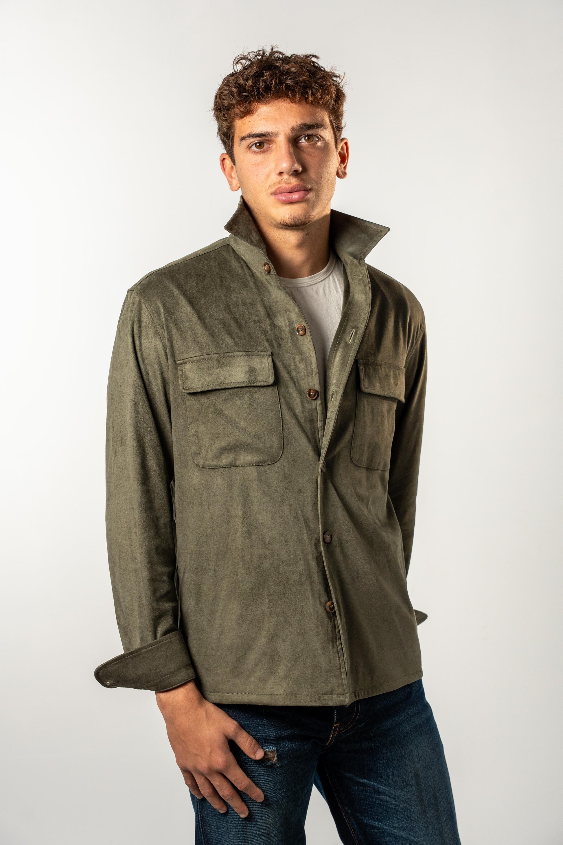 Faux Suede Overshirt | Khaki Green