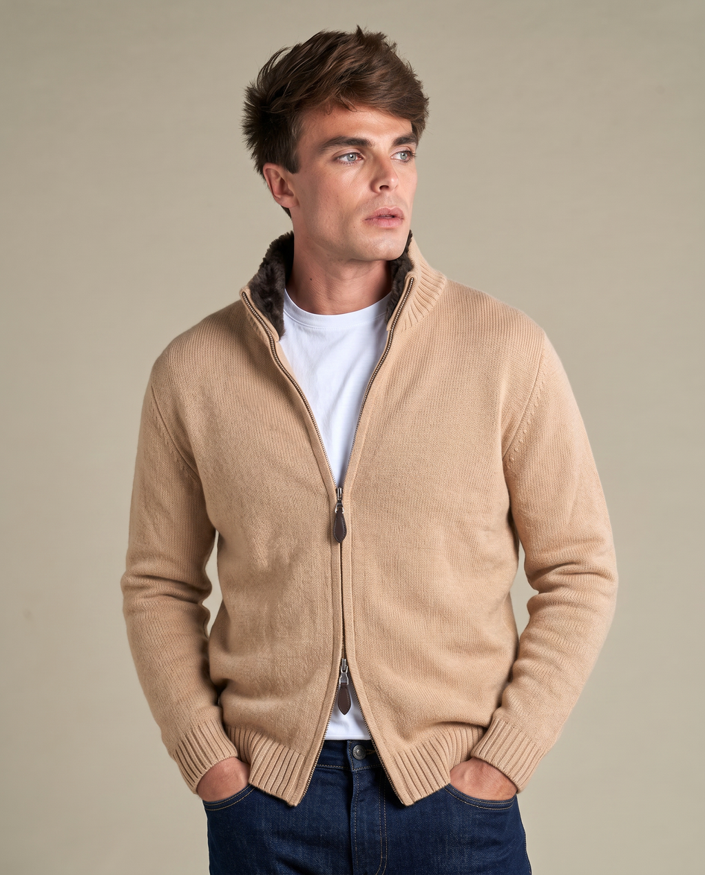 Fine Knit Fur Collar Cardigan | Sand
