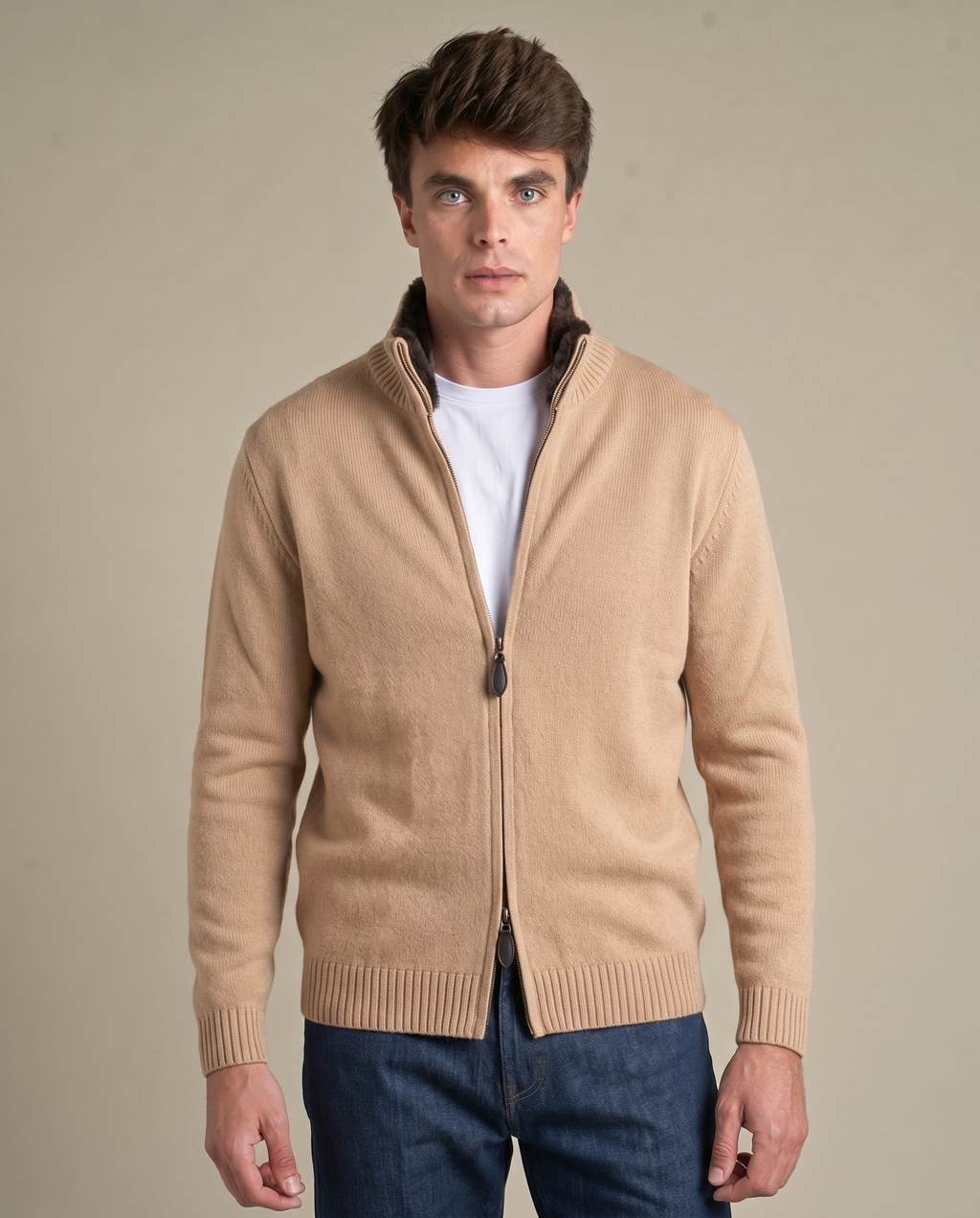 Fine Knit Fur Collar Cardigan | Sand