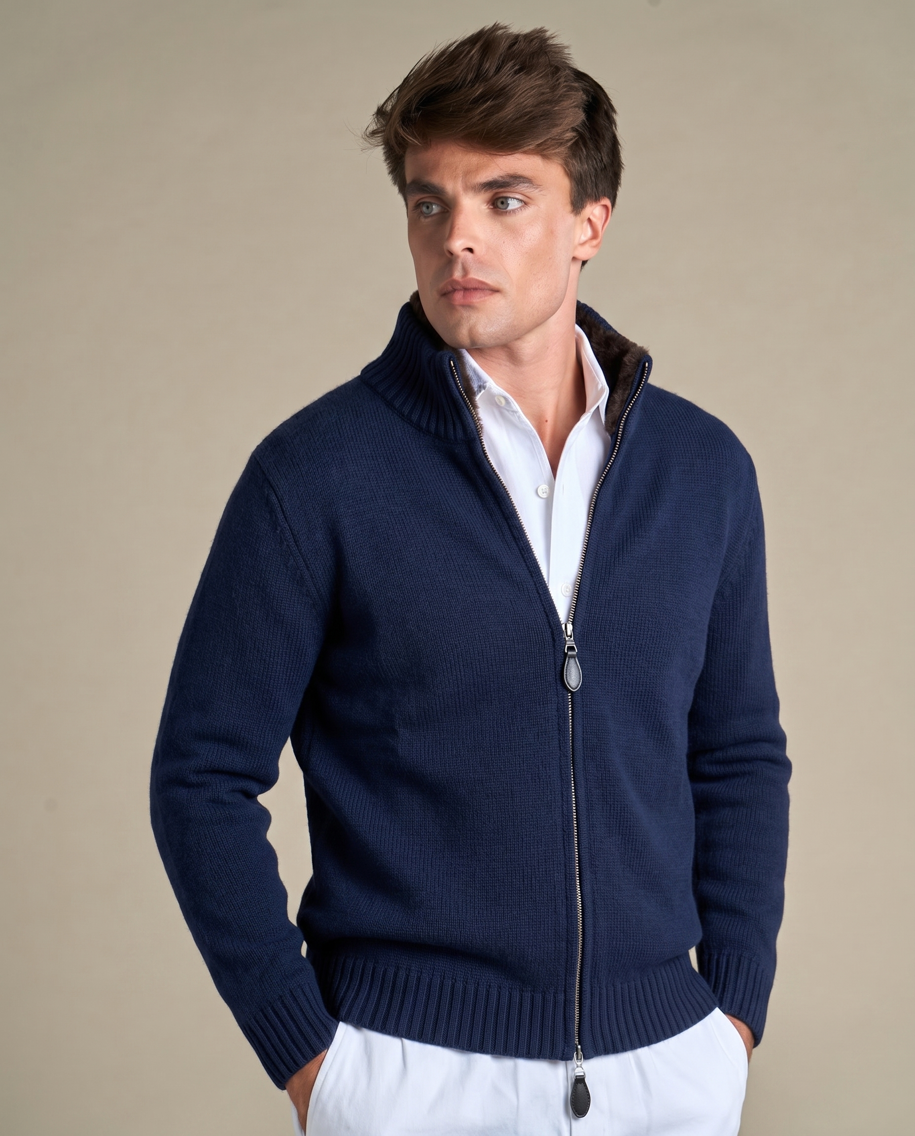 Fur Collar Wool Zip Up | Navy