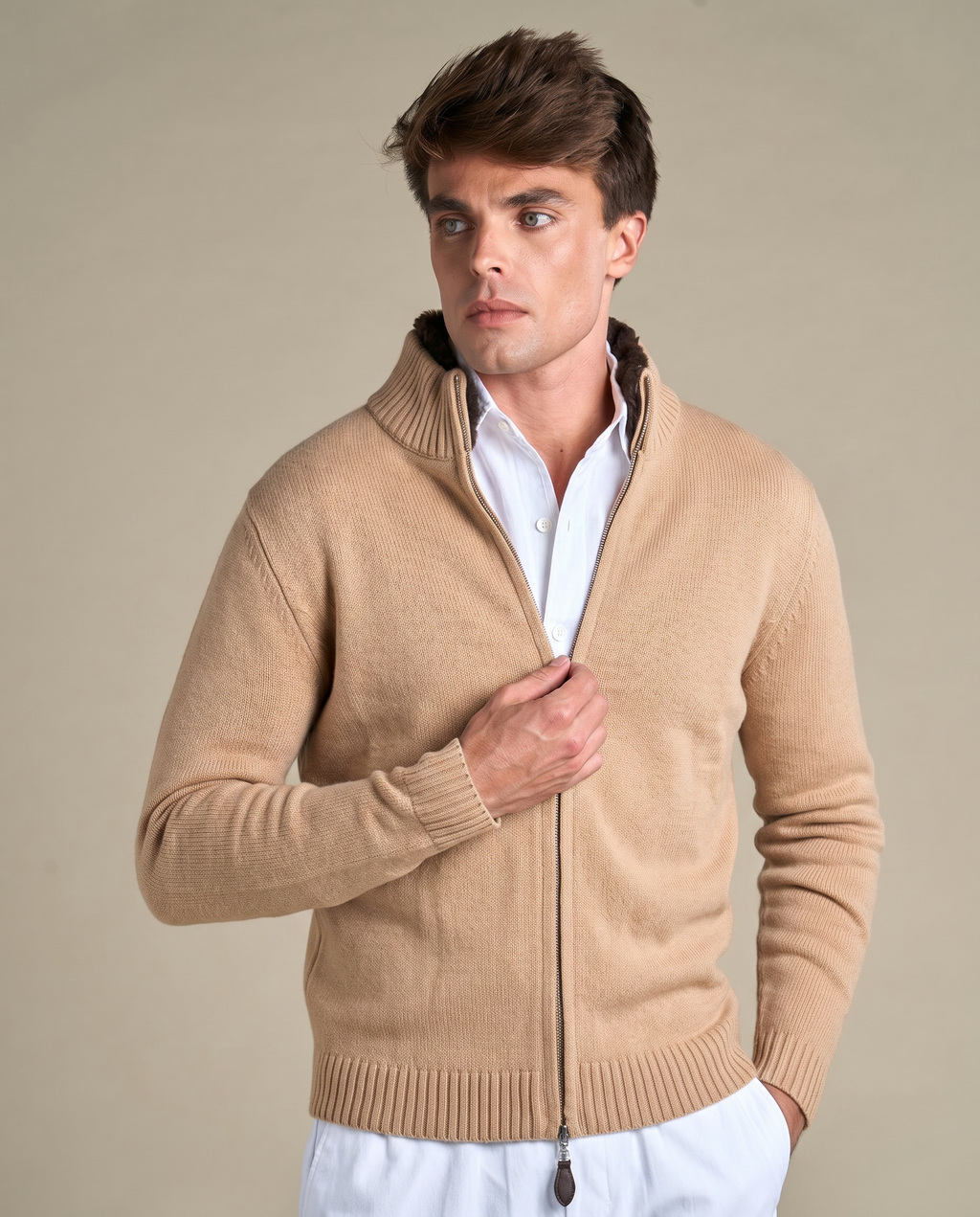 Fur Collar Wool Zip Up | Sand