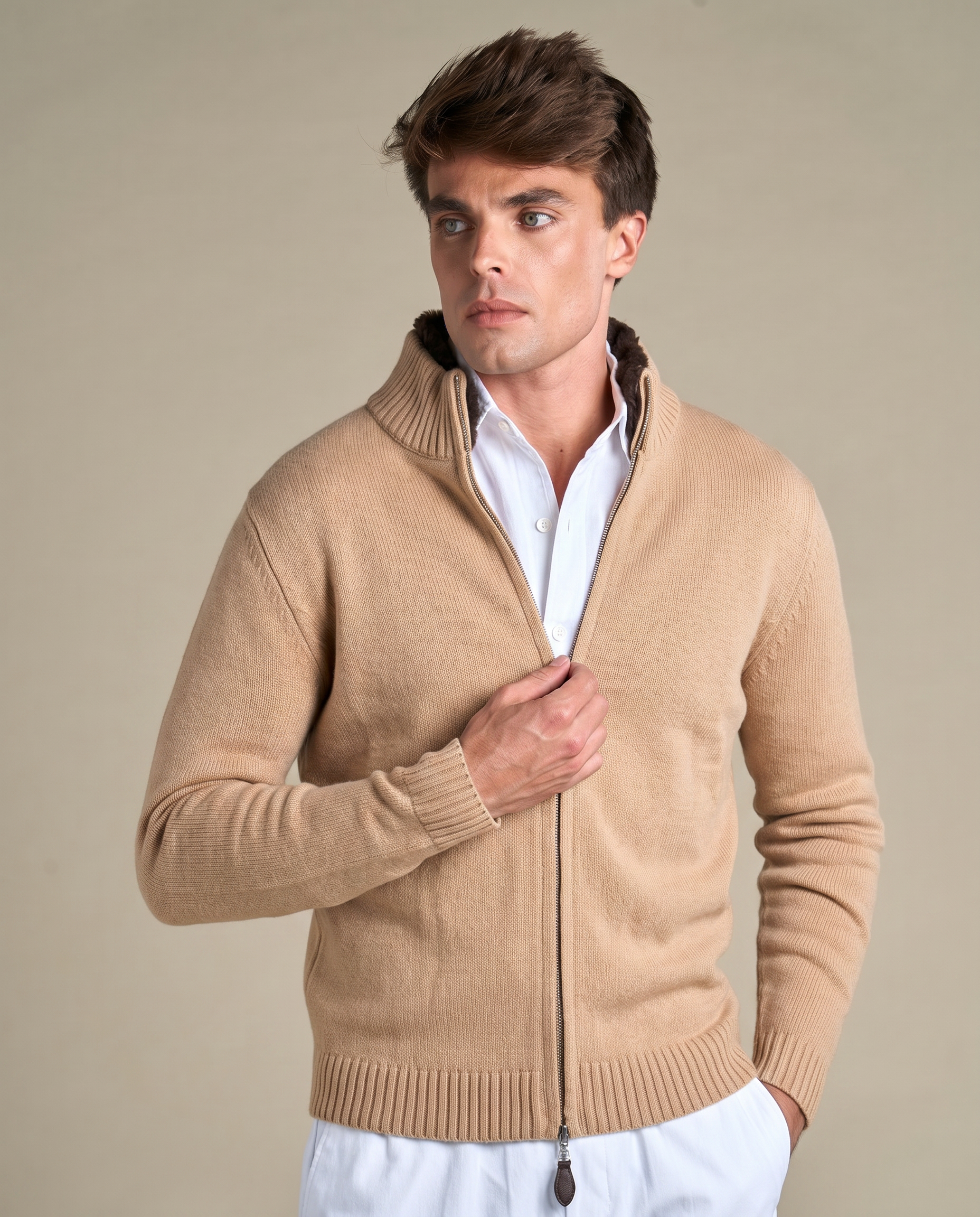 Fur Collar Wool Zip Up | Sand