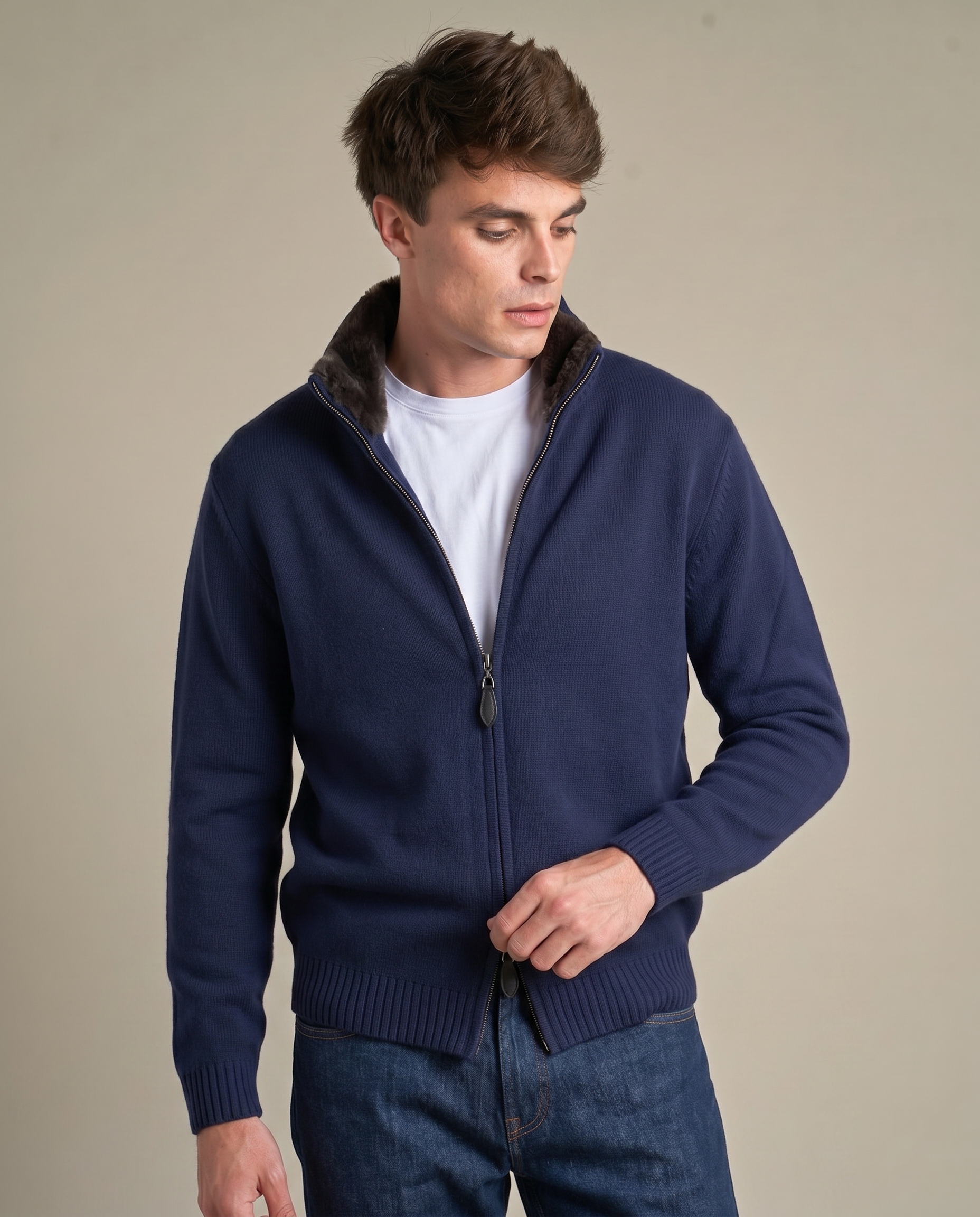 Fine Knit Fur Collar Cardigan | Navy