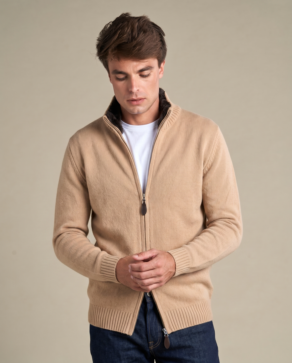 Fine Knit Fur Collar Cardigan | Sand